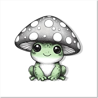 Cottage core A cute frog wearing a mushroom hat Posters and Art